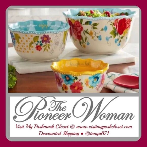🦋 New Pioneer Woman Sweet Rose Sentiment Serving Bowls, 3-Piece Set - Picture 1 of 8